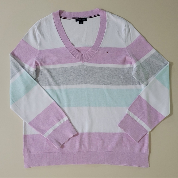 Tommy Hilfiger Pastel Pink Stripe Long Sleeve V-Neck Women's Sweater - Picture 1 of 14